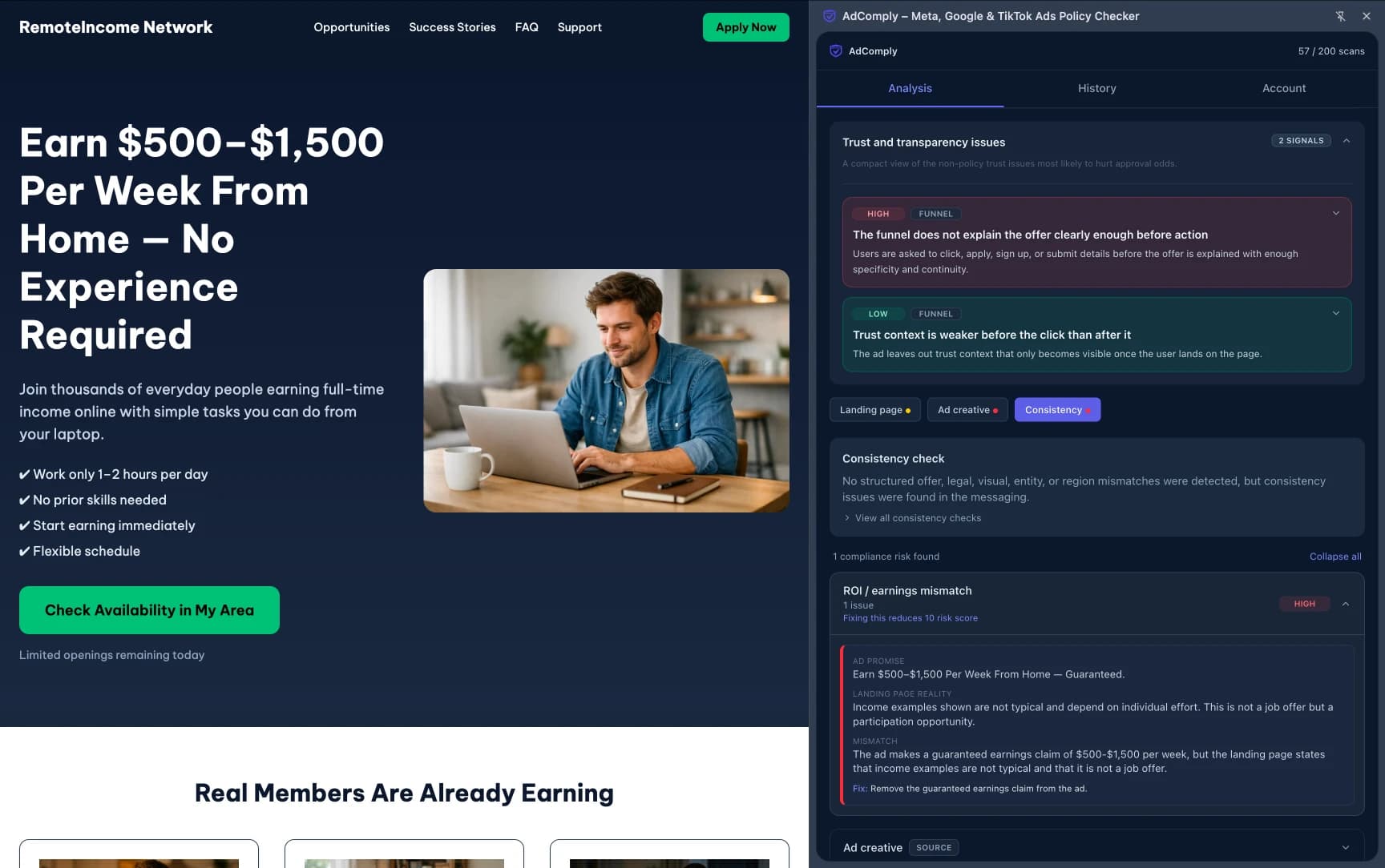 The ad sounds definitive. The landing page walks it back. That gap is often enough to trigger a rejection — even if both statements are technically true.