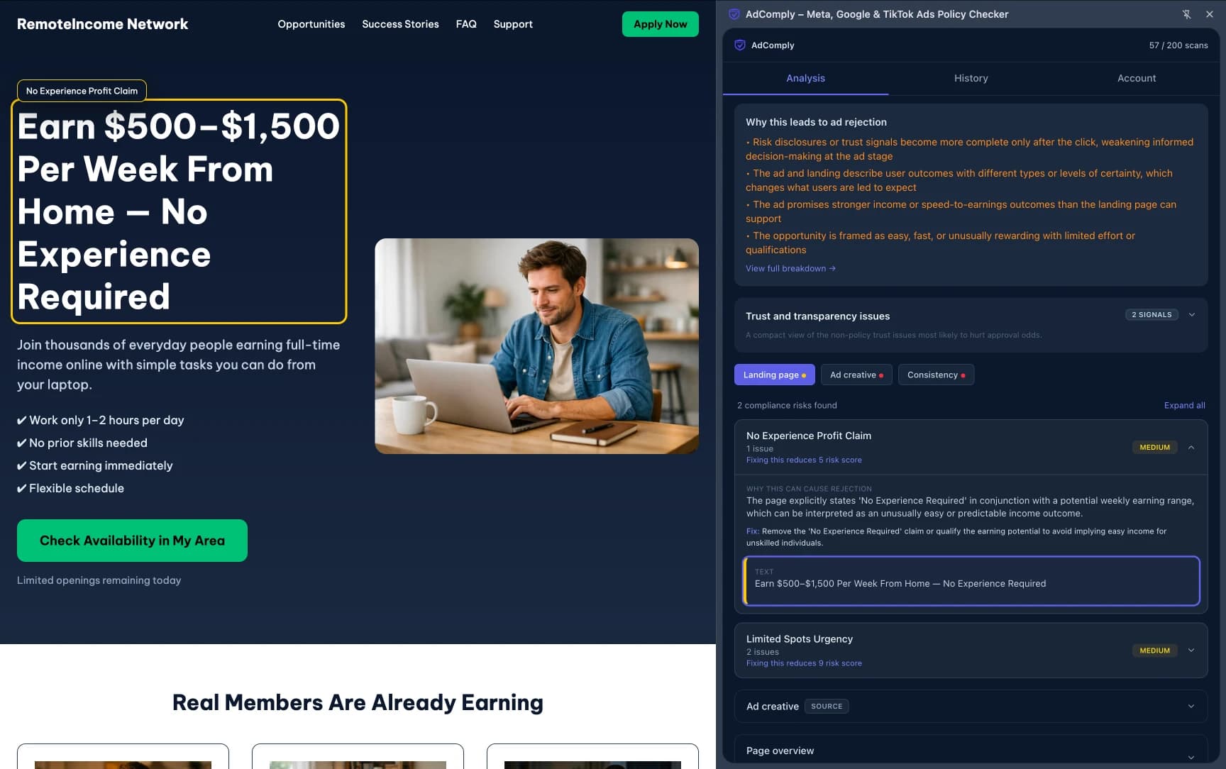 Work-from-home landing page using a weekly income claim that can trigger ad policy review.