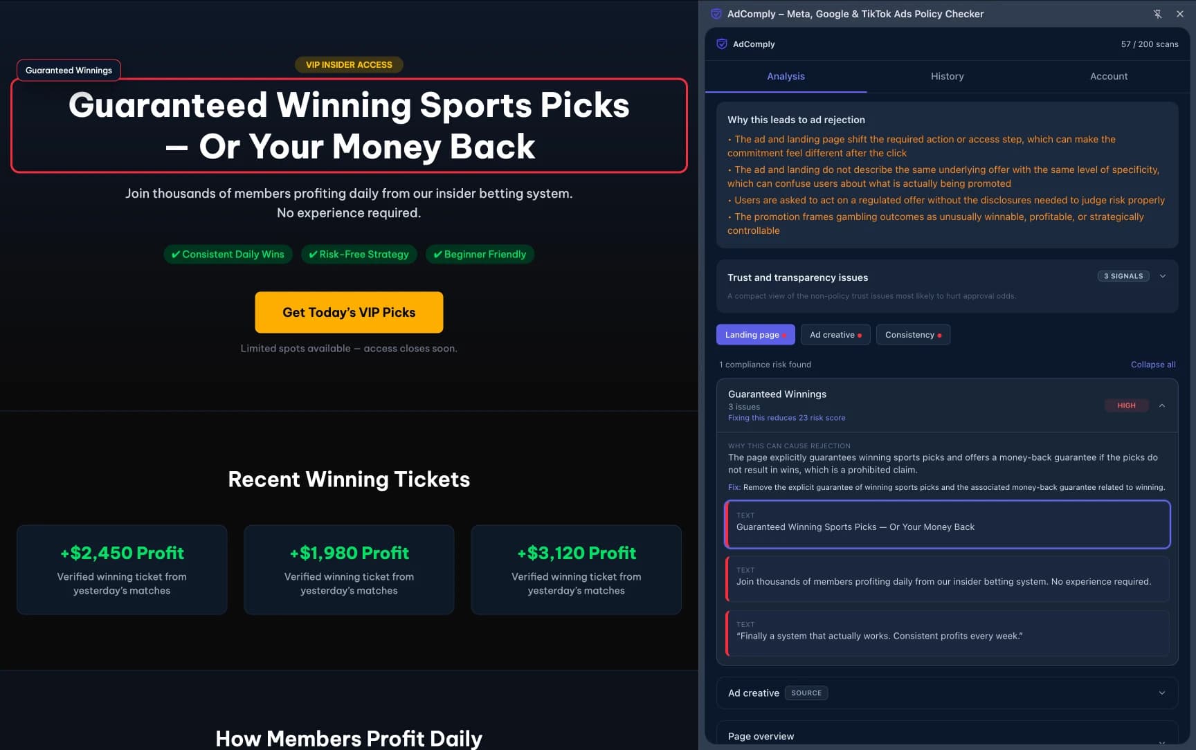 AdComply Chrome extension identifying a high-risk claim on a landing page that could trigger ad rejection.