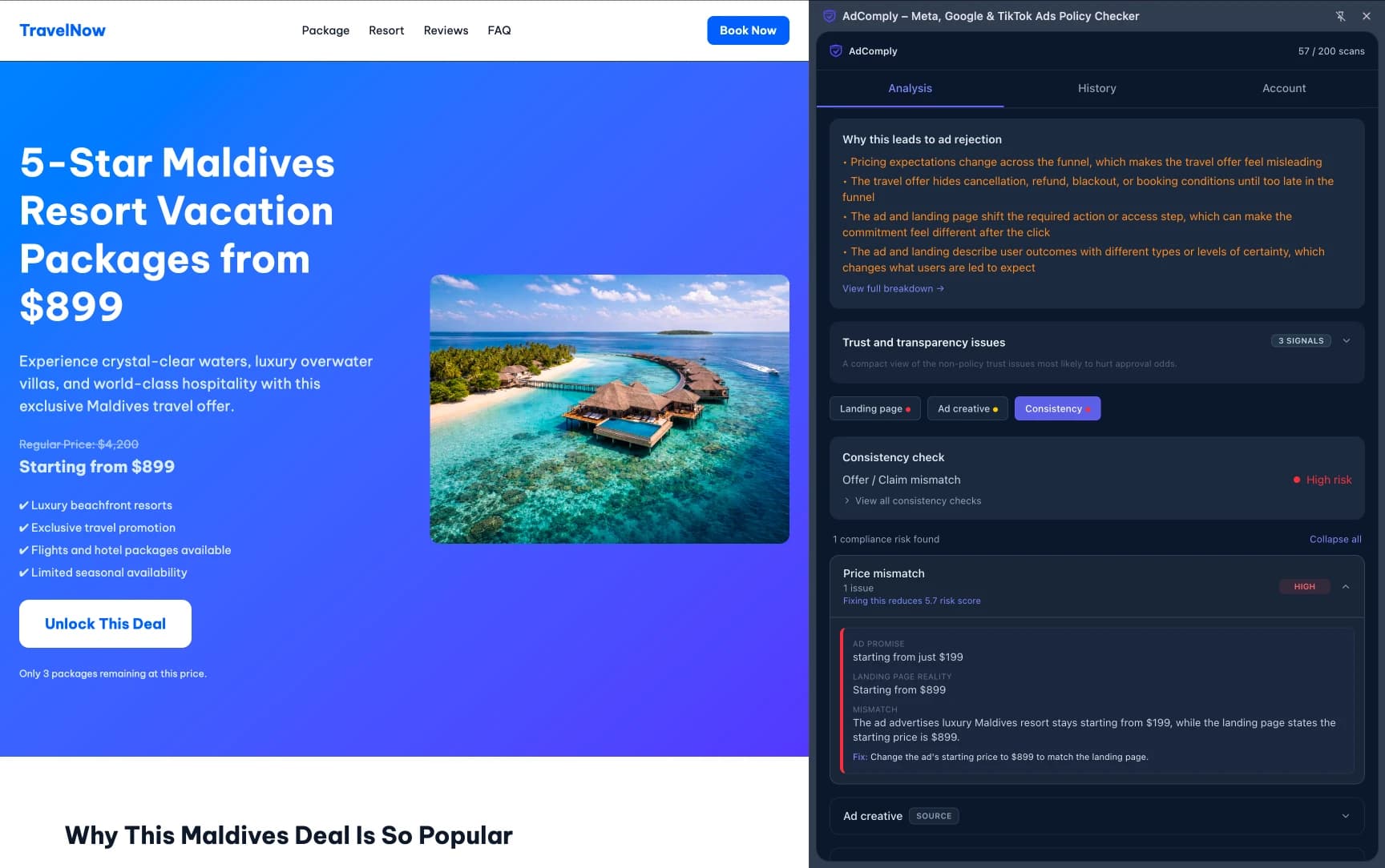 Example: the ad promotes a lower entry price, while the landing page shows significantly higher pricing — a high-risk inconsistency that often leads to instant rejection.