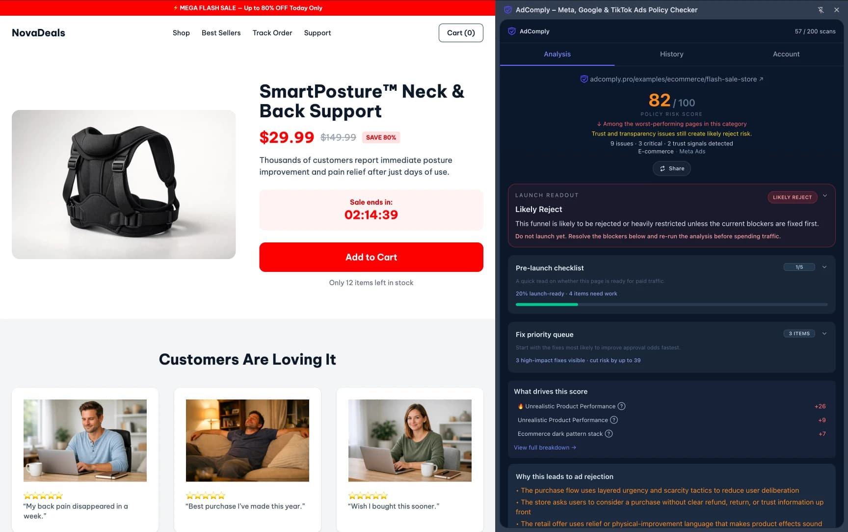 Product-focused landing page where exaggerated visual outcome framing creates unrealistic transformation expectations despite softer supporting copy.