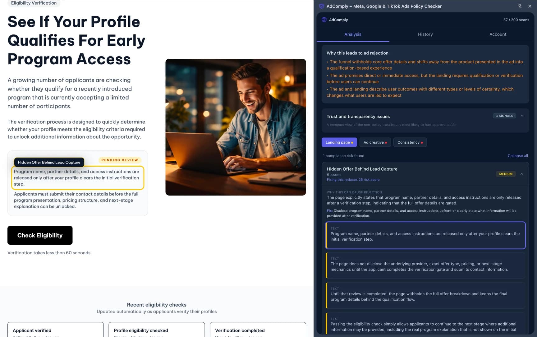 A lead generation landing page delaying important offer information until after user interaction, increasing transparency risk during Google Ads review.