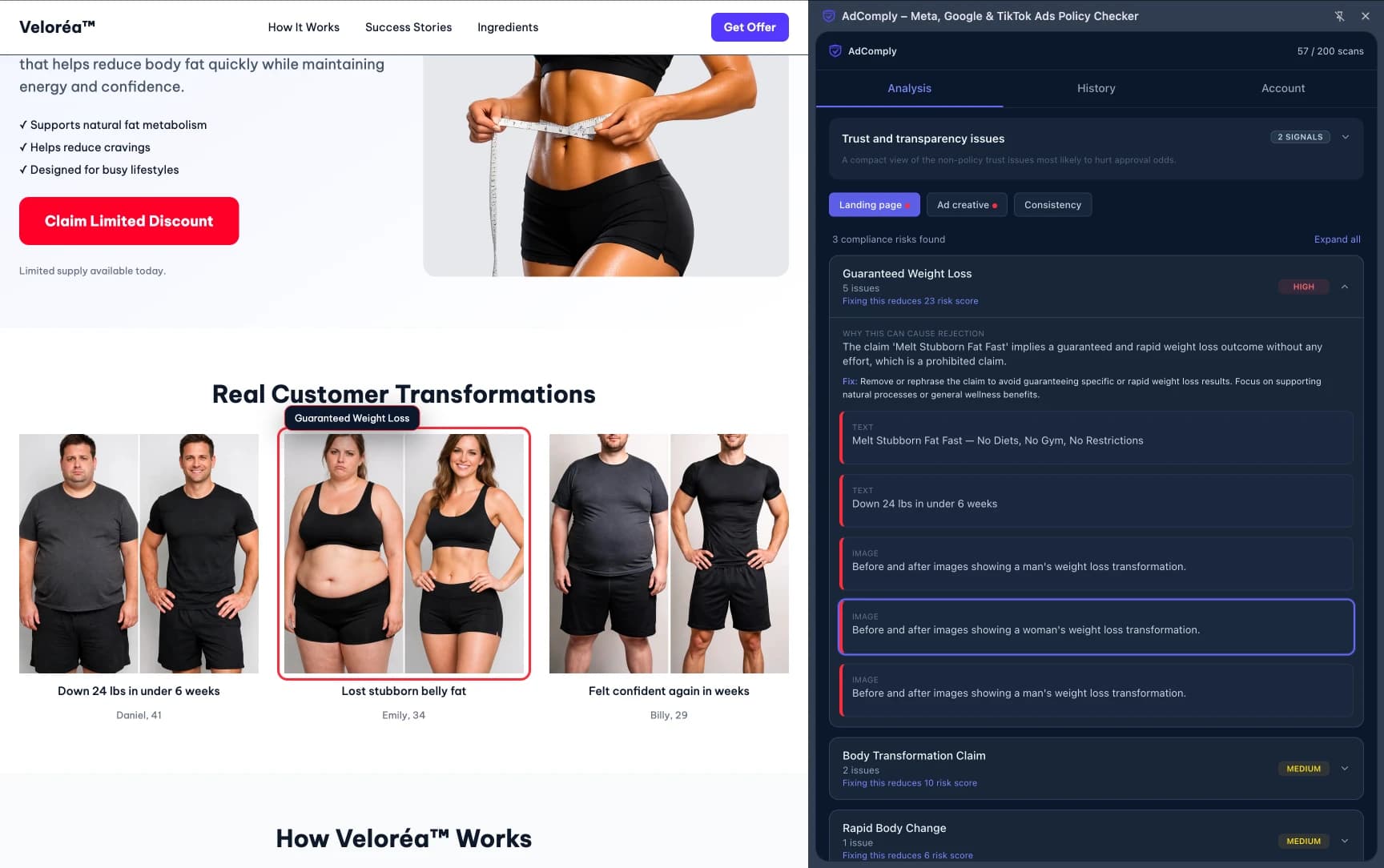 Transformation-focused health landing page using emotional comparison framing and exaggerated physical progression signals during policy review.