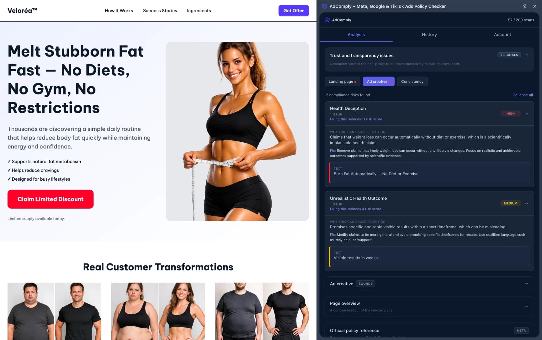 Health-focused advertising funnel where rapid transformation messaging and visual certainty create unrealistic medical expectation signals during ad review.